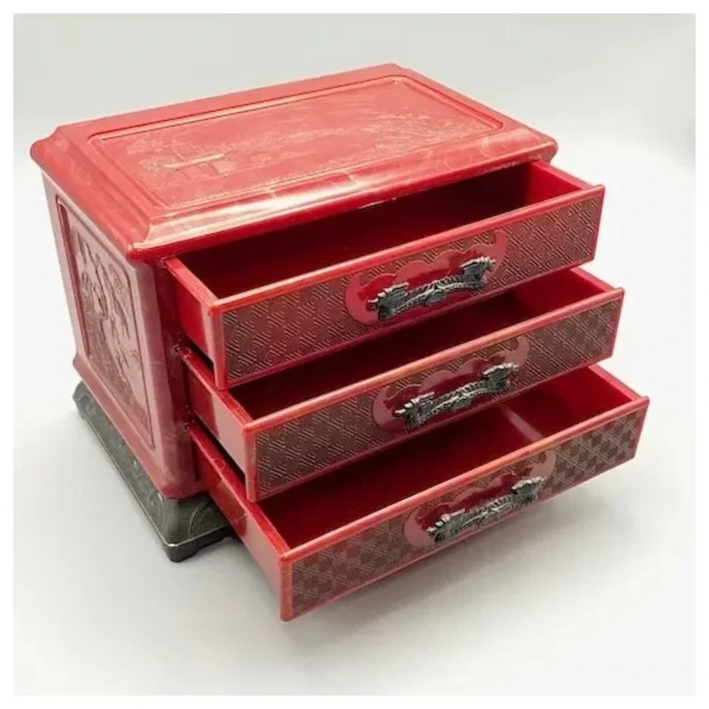 Vintage Red Marbled Plastic Jewelry Box Asian Theme Dragons‎ Raised Relief